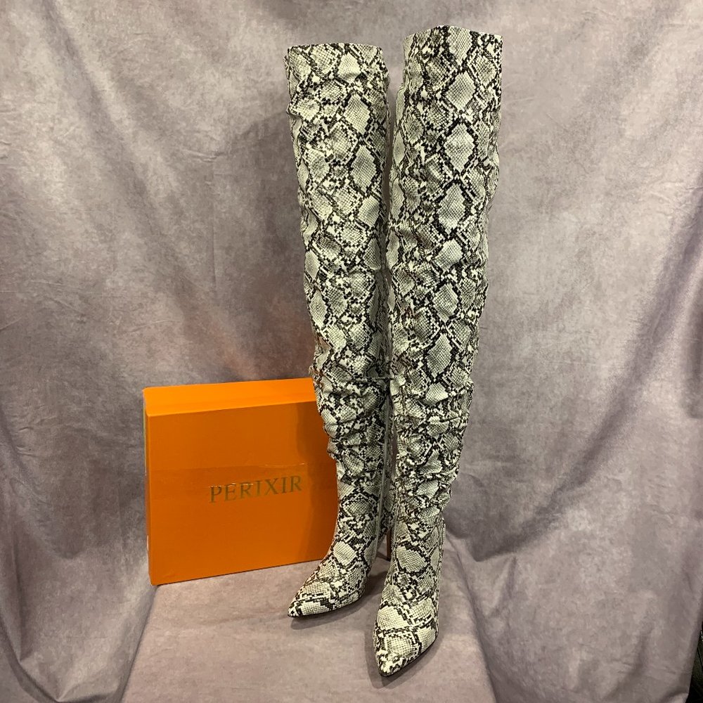 White Snake-Print Over-the-Knee Heeled Boots